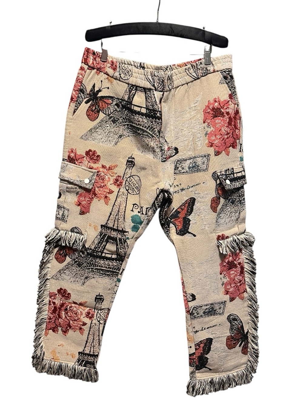 Paris Tapestry Fringe Cargo Pants Unisex Size 38 x 27 Fringe Jacquard High Rise